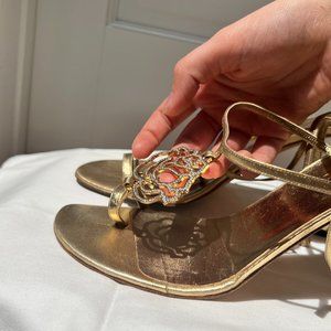 Versace Gold Heels with Diamond Embellished Rose